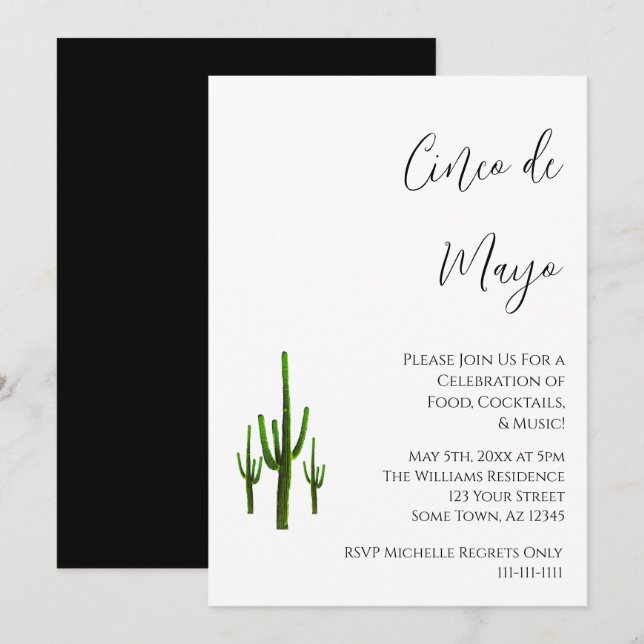 Elegant Cinco de Mayo Cactus Schwarz-weiß Einladung (Vorne/Hinten)