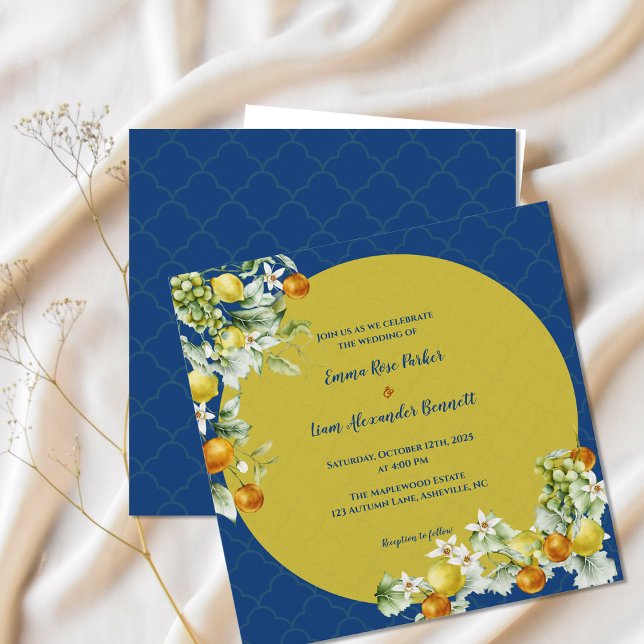 Elegant Citrus Blue Gold Floral Wedding Einladung (Elegant Citrus Blue Gold Floral Wedding Invitation)