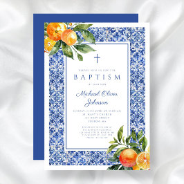 Elegant Citrus Blue Tiles Religious Boy Baptisse Einladung