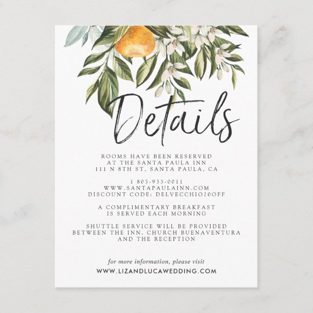 Elegant Citrus Orchard Boho Wedding Guest Details Begleitkarte (Vorderseite)