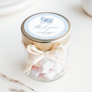 Elegant Clasic Gingham Blue Bow Baby Shower Runder Aufkleber