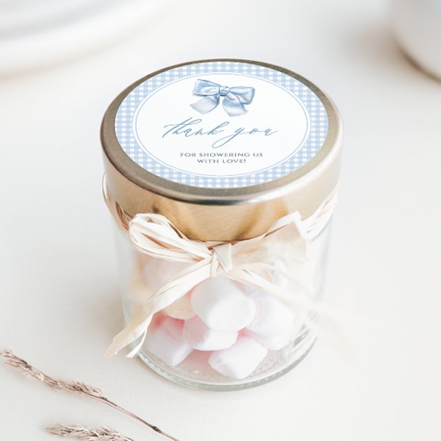 Elegant Clasic Gingham Blue Bow Baby Shower Runder Aufkleber (Von Creator hochgeladen)