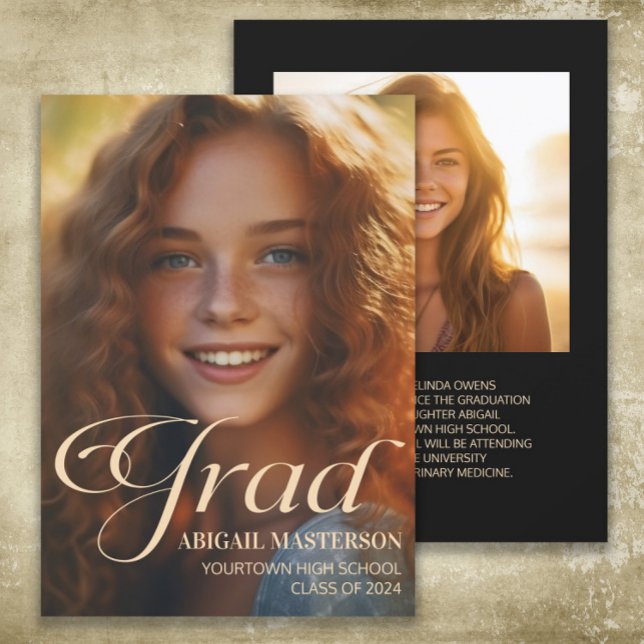 Elegant Class of 2024 Foto Grad Abschluss (2-photo graduation announcement card printed on both sides)