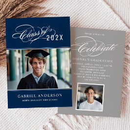 Elegant Class of 2025 Navy Foto Graduation Party Einladung