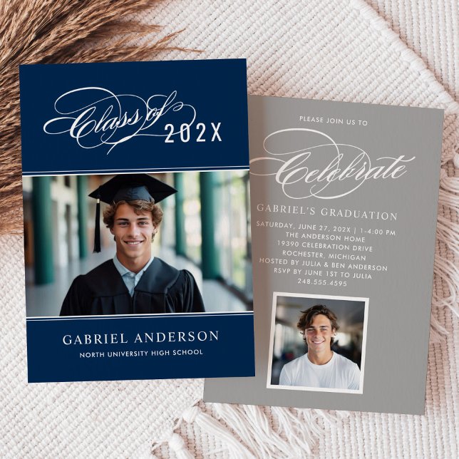 Elegant Class of 2025 Navy Foto Graduation Party Einladung (Von Creator hochgeladen)