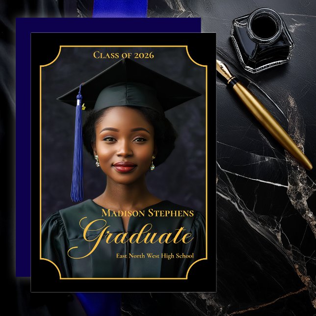 Elegant Class of 2026 Portrait Graduation Ankündigung (Luxury Black & Gold Portrait Graduation Announcement with Ornate Frame and Script Typography - Blue)