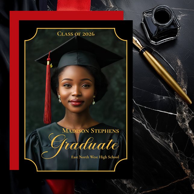 Elegant Class of 2026 Portrait Graduation Ankündigung (Luxury Black & Gold Portrait Graduation Announcement with Ornate Frame and Script Typography - Red)
