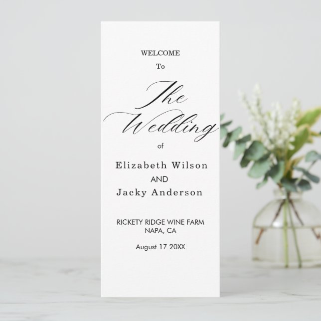 Elegant Classic Black and White Caligraphy Wedding Programm (Stehend Vorderseite)