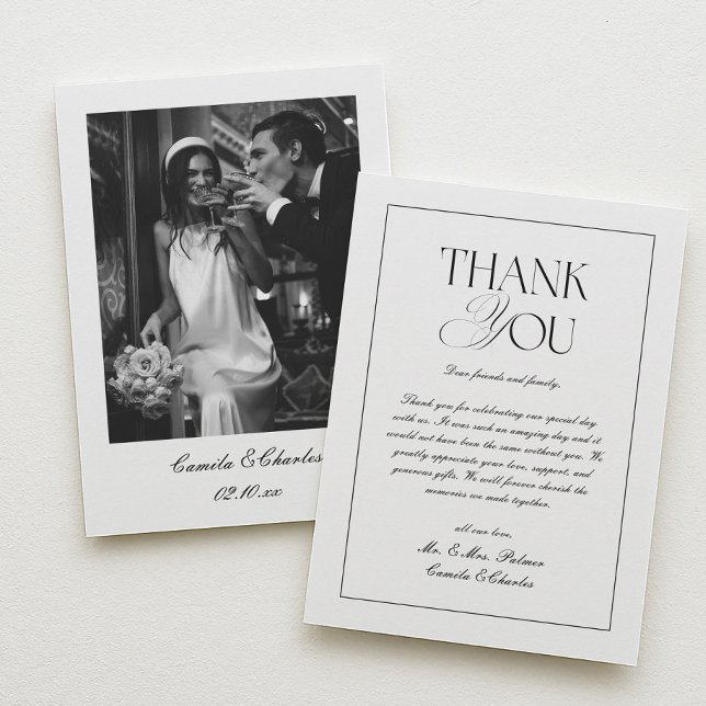 Elegant Classic Black and White Wedding Photo Dankeskarte (Von Creator hochgeladen)