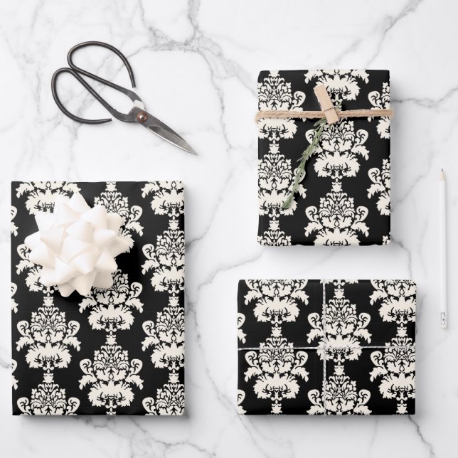 Elegant Classic Black White Damask Geschenkpapier Set (Vorderseite)