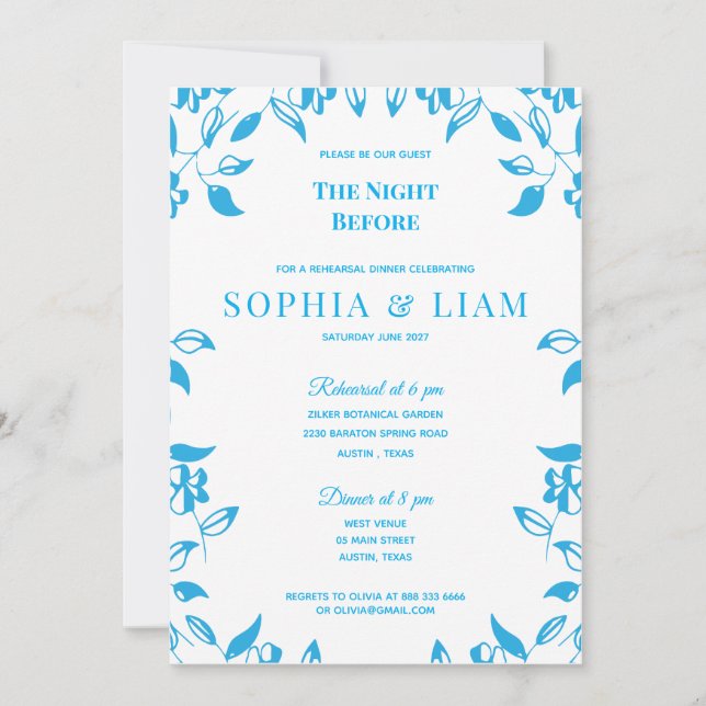 elegant classic blue floral rehearsal Invitation Einladung (Vorderseite)