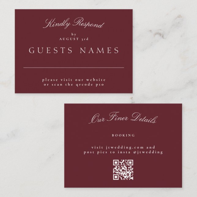Elegant Classic Maroon Wedding QR CODE UAWG Mitteilungskarte (Vorne/Hinten)