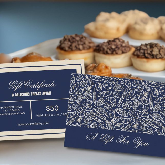 Elegant Classic Navy Blue Bakery Pattern Gift Card Visitenkarte (Von Creator hochgeladen)