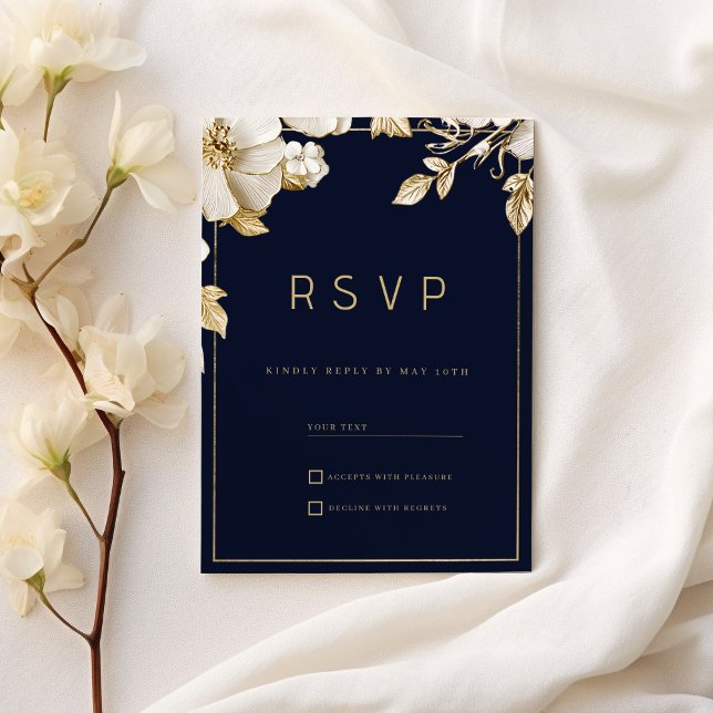 Elegant classic navy blue gold floral RSVP Einladung (Elegant classic navy blue gold floral RSVP)