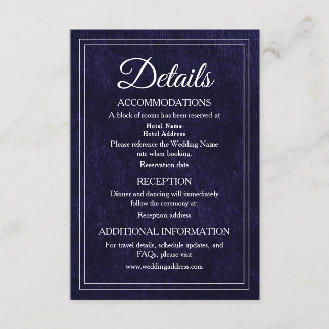 Elegant Classic Navy Blue Velvet Wedding Details Begleitkarte (Vorderseite)