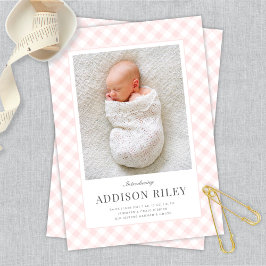 Elegant Classic Pink Gingham Baby Birth Ankündigung