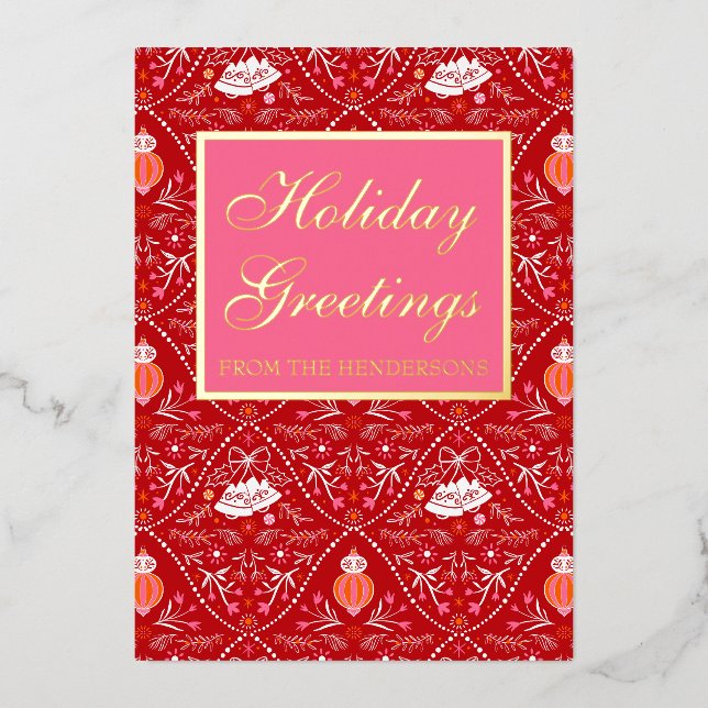 Elegant classic red pink folien feiertagskarte (Vorderseite)