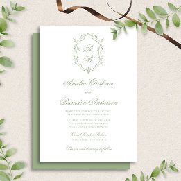Elegant Classic Sage Green Monogram Crest Wedding Einladung