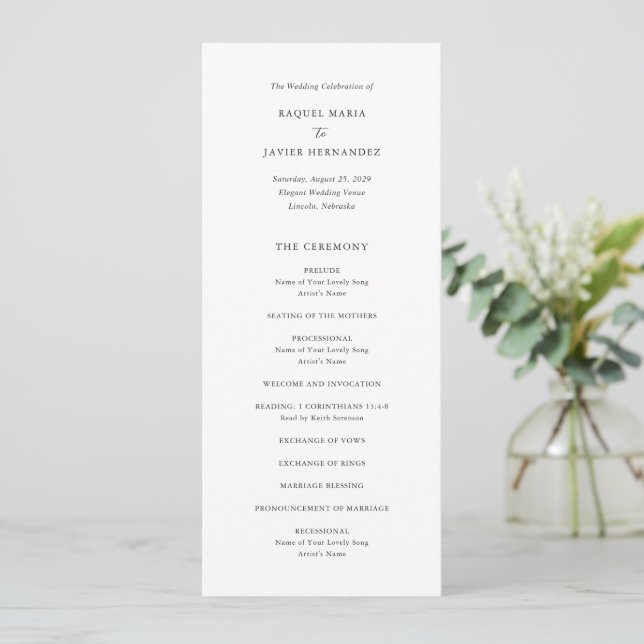 Elegant Classic Wedding Programm (Stehend Vorderseite)
