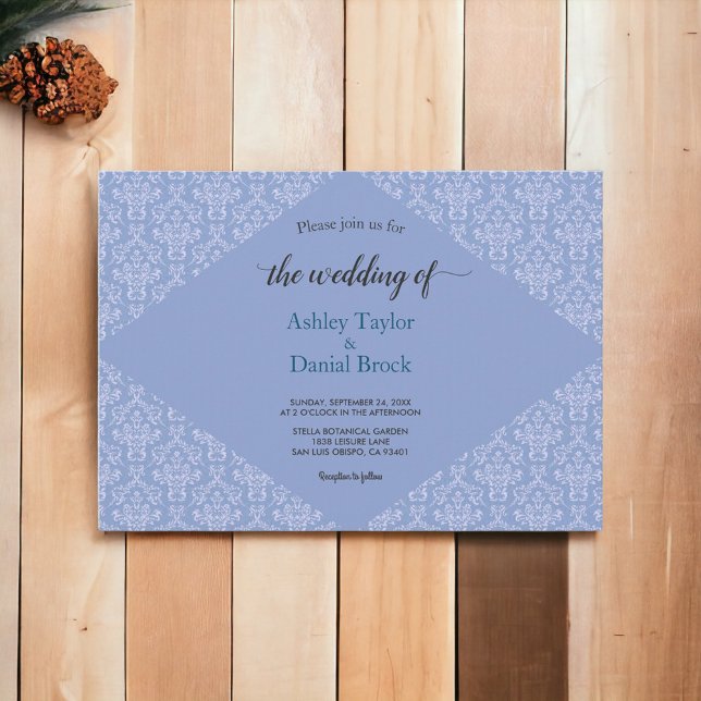 Elegant Classy Blue Damask Script Formal Wedding Einladung (Von Creator hochgeladen)