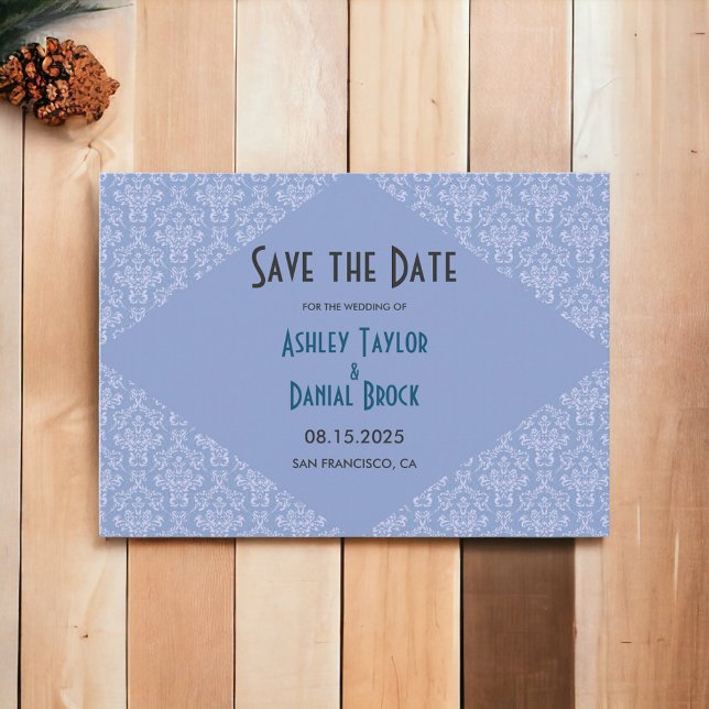 Elegant Classy Blue Damask Script Formal Wedding Save The Date (Von Creator hochgeladen)