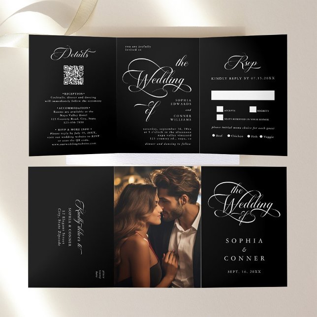 Elegant Classy Calligraphy Wedding Black Dreifach Gefaltete Einladung (Inside & Outside)
