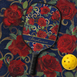 Elegant Classy Damask Vintage Rote Rose Navy Blue Pickleball Schläger