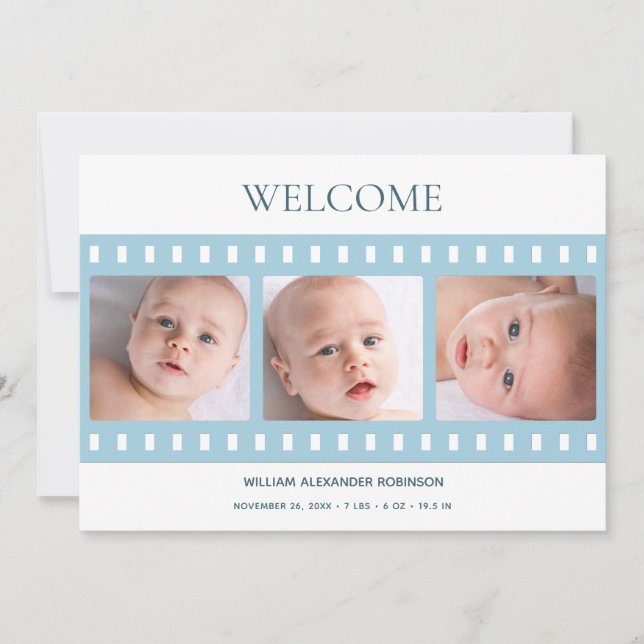 Elegant Classy Filmstrip Baby Boy Foto Blue Birth Ankündigung (Vorderseite)