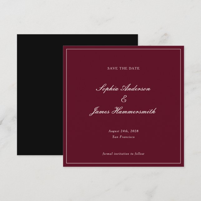Elegant Classy Formal Burgundy Red Script Wedding  Save The Date (Vorne/Hinten)