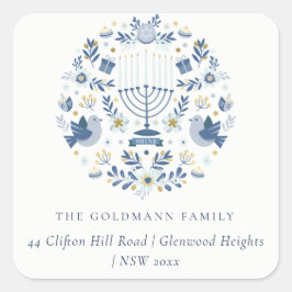 Elegant Classy Navy Blue Hanukkah Floral Address Quadratischer Aufkleber