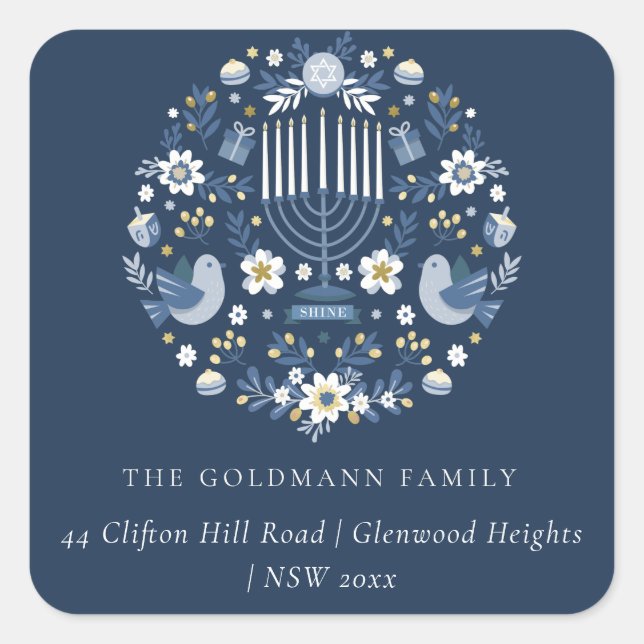 Elegant Classy Navy Blue Hanukkah Floral Address Quadratischer Aufkleber (Vorderseite)