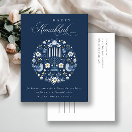 Elegant Classy Navy Blue Happy Hanukkah Floral Feiertagspostkarte