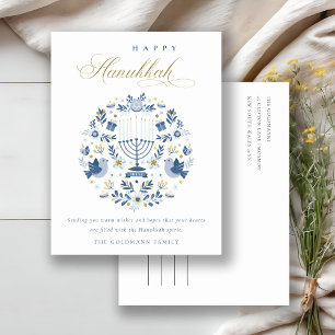 Elegant Classy Navy Blue Happy Hanukkah Floral Feiertagspostkarte