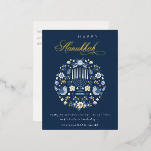 Elegant Classy Navy Blue Happy Hanukkah Floral Folien Feiertagspostkarte