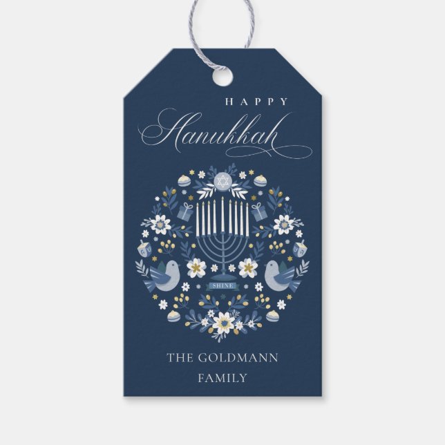 Elegant Classy Navy Blue Happy Hanukkah Floral Geschenkanhänger (Vorderseite)