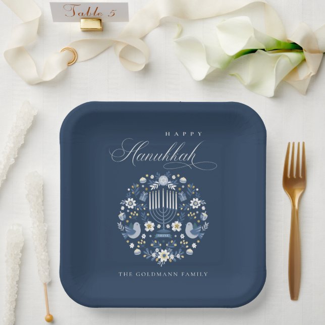 Elegant Classy Navy Blue Happy Hanukkah Floral Pappteller (Hochzeit)