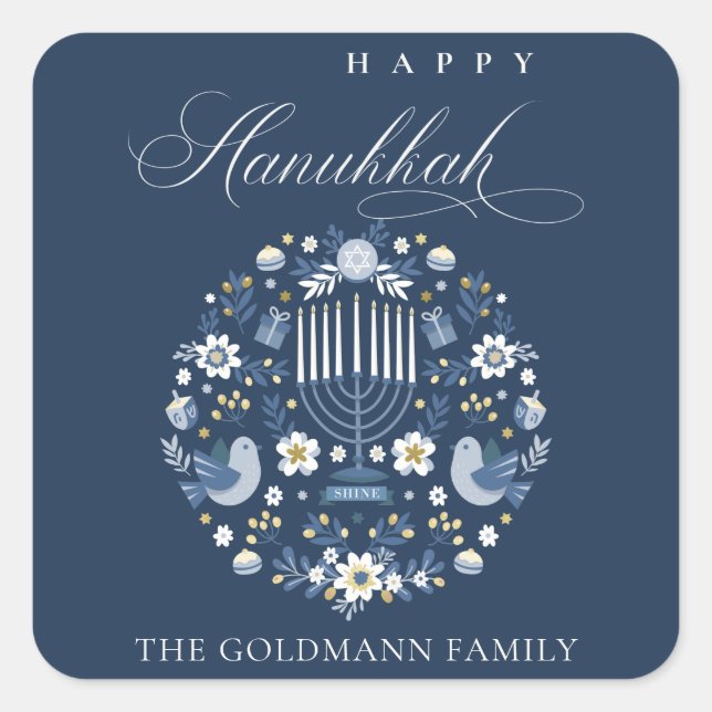 Elegant Classy Navy Blue Happy Hanukkah Floral Quadratischer Aufkleber (Vorderseite)