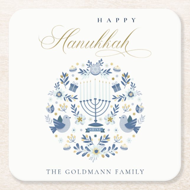 Elegant Classy Navy Blue Happy Hanukkah Floral Rechteckiger Pappuntersetzer (Vorderseite)