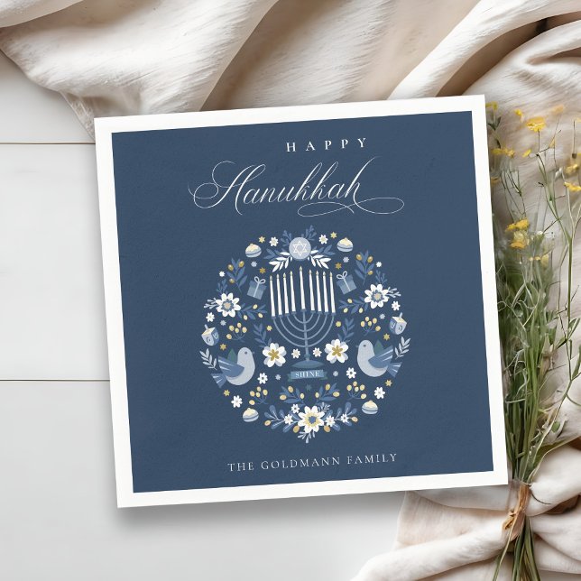 Elegant Classy Navy Blue Happy Hanukkah Floral Serviette (Von Creator hochgeladen)