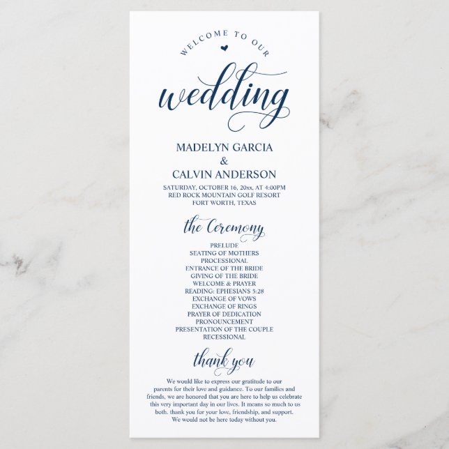 Elegant Classy Navy Blue, Hochzeitfeier Programm (Vorderseite)