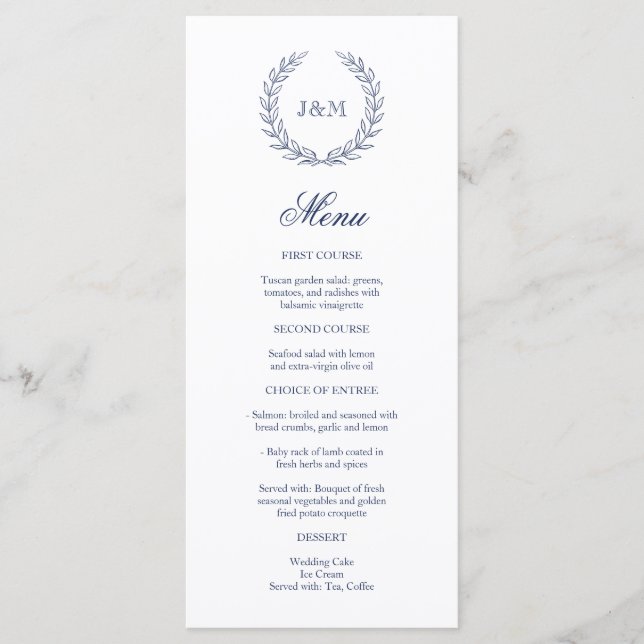 Elegant Classy Navy Blue Wedding Monogram Menükarte (Vorderseite)
