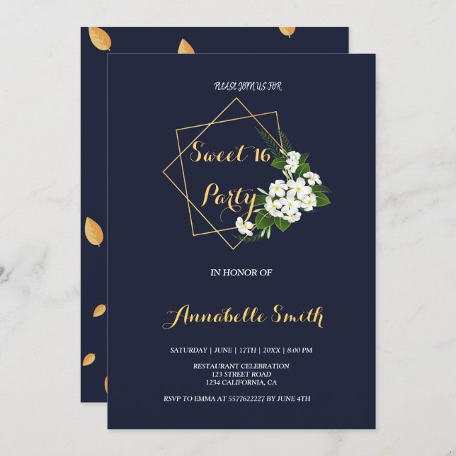 Elegant Classy Navy Geometric Sweet 16 Einladung (Vorne/Hinten)