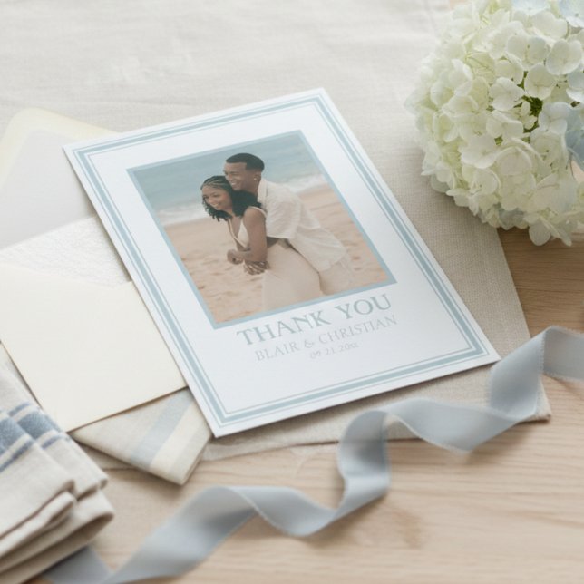 Elegant Coastal Blue Modern Wedding Photo Dankeskarte (Elegant Coastal Blue Modern Wedding Photo Thank You Card
)