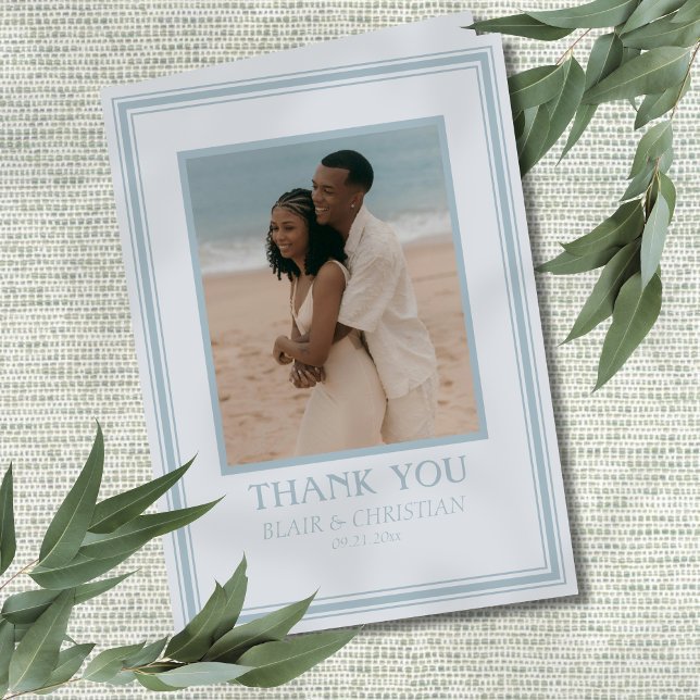 Elegant Coastal Blue Modern Wedding Photo Dankeskarte (Thank your guests for celebrating your coastal wedding day with this Elegant Coastal Blue Card!)