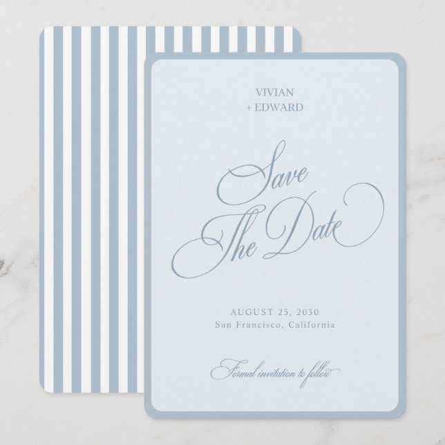 Elegant Coastal Blue Stripes Border Retro Wedding Save The Date (Vorne/Hinten)