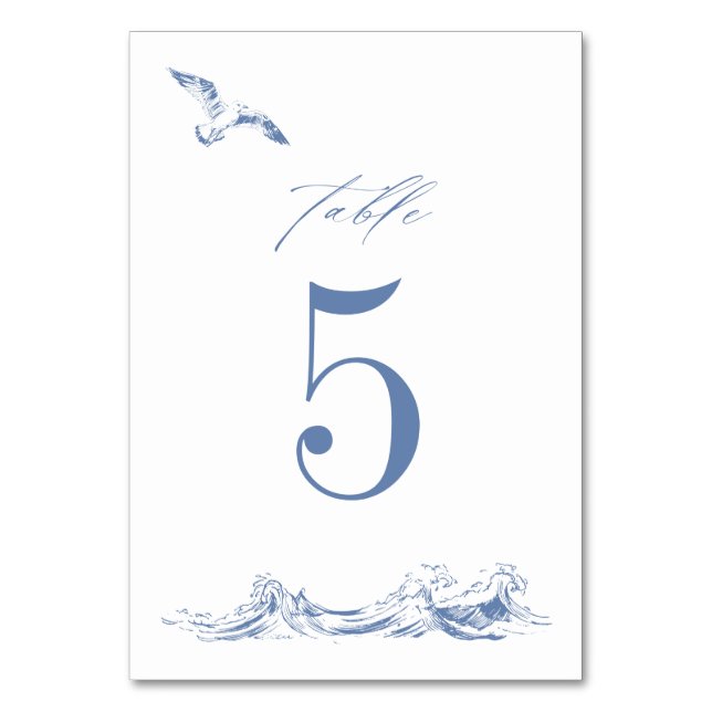 Elegant Coastal Chic Blue Seaside Wedding Tischnummer (Vorderseite)