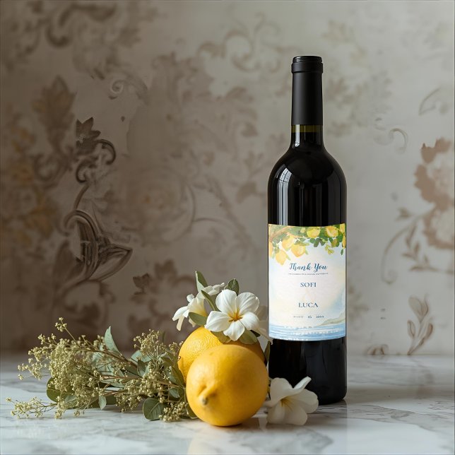 Elegant Coastal Lemon Wedding Thank You Favor Weinetikett (Elegant Coastal Lemon Wedding Thank You Favor Wine Label)