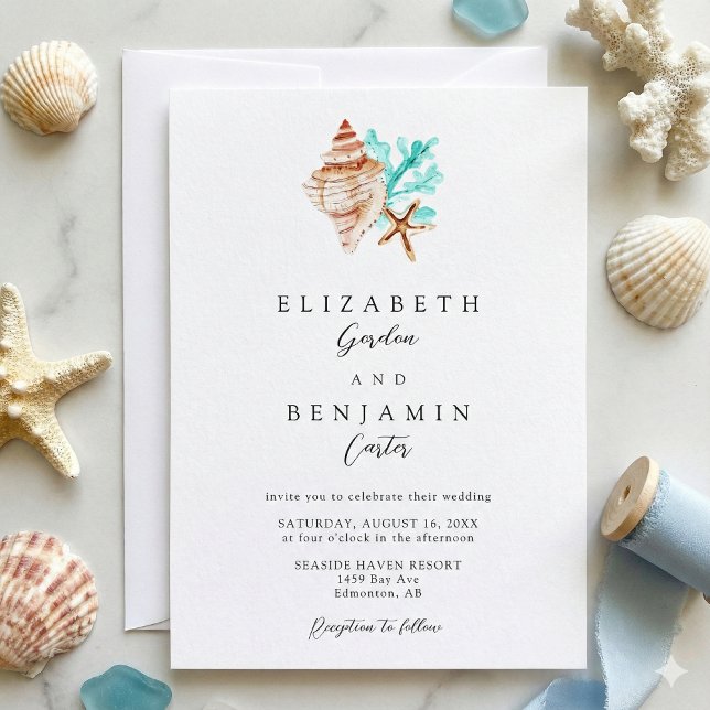 Elegant Coastal Seashell Watercolor Beach Wedding Einladung (Von Creator hochgeladen)