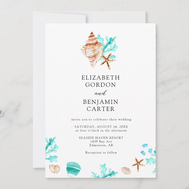 Elegant Coastal Seashell Watercolor Beach Wedding Einladung (Vorderseite)