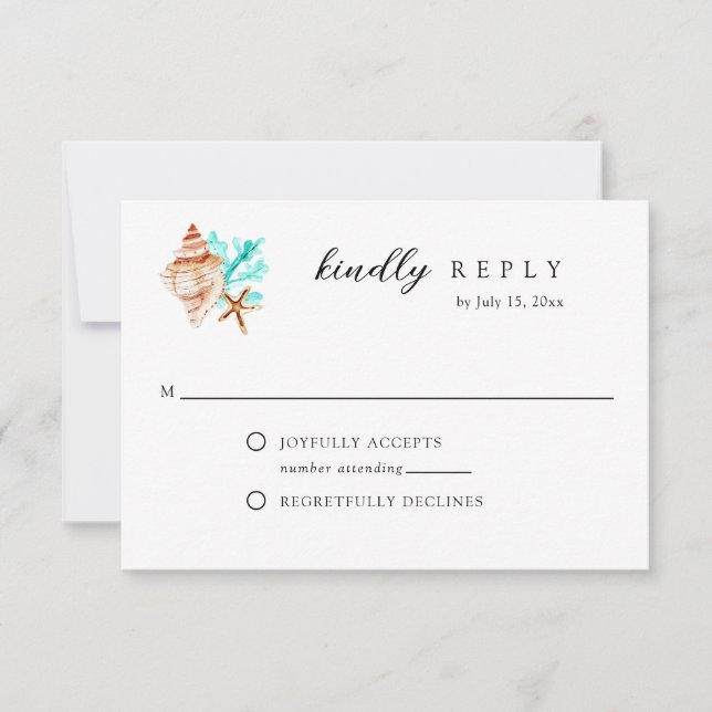 Elegant Coastal Seashell Watercolor Beach Wedding RSVP Karte (Vorderseite)